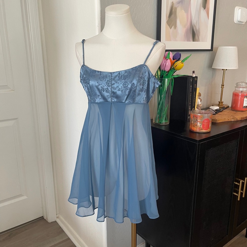Victoria's Secret Babydoll Nightgown Womens M Blue Excellent Floral Sheer Y2K